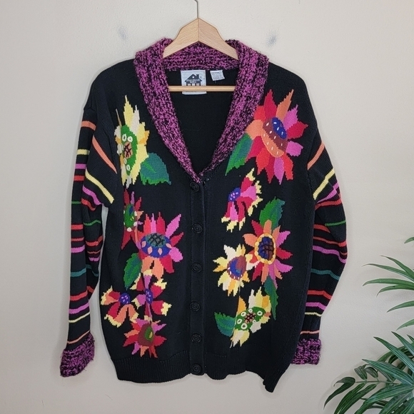 Storybook Knits | Colorful Floral Cardigan Sweater with Striped Sleeves Size 1X - Picture 1 of 6